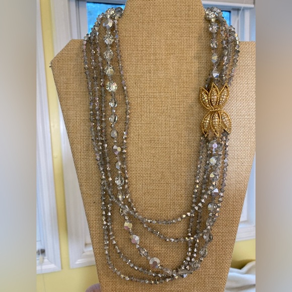 Multi-Strands Crystals‎ Beaded Necklace with Fancy Clasp Side Pendant Vintage - Picture 1 of 13